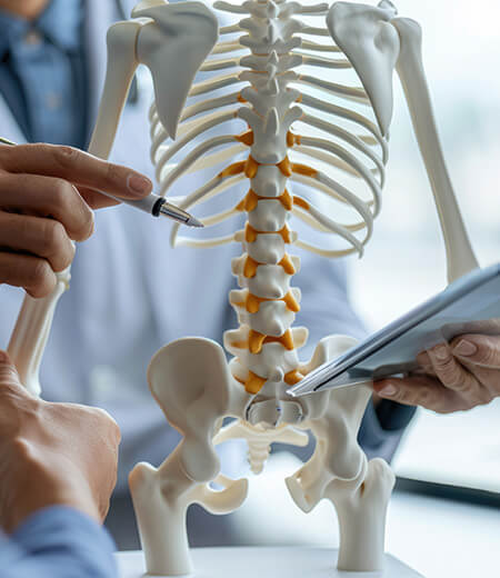 Model anatomiczny kręgosłupa wskazywany długopisem przez osobę trzymającą tablet