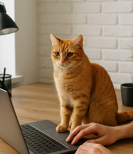 Rudy kot siedzi obok laptopa i dłoni osoby pracującej przy biurku