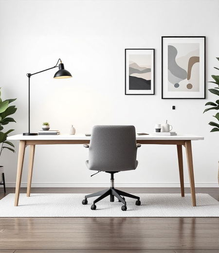 Drewniane biurko z szarym fotelem i czarną lampką w jasnym pokoju