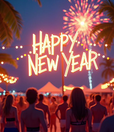 Napis Happy New Year, fajerwerki i sylwetki osób podczas noworocznej zabawy