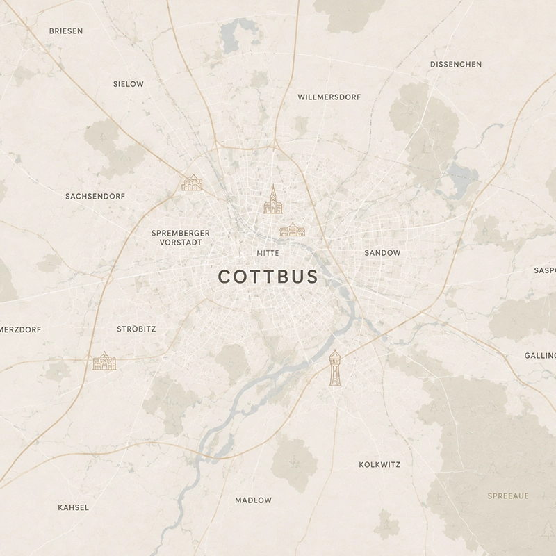 Stadtplan von Cottbus an der Spree mit Mitte, Sandow, Ströbitz, Sachsendorf, Spremberger Vorstadt, Sielow und Kolkwitz — von der Werkstatt in Gubin aus in rund einer Stunde erreichbar.